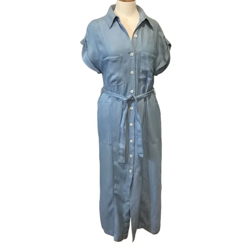 New Zara soft denim Shirt Midi Maxi belted Dress size Medium linen blend